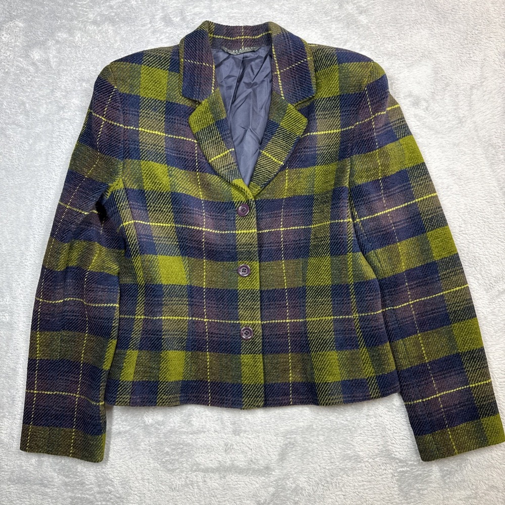 Vintage Laura Ashley Blazer Women 6 Green Purple Check Jacket Wool Blend